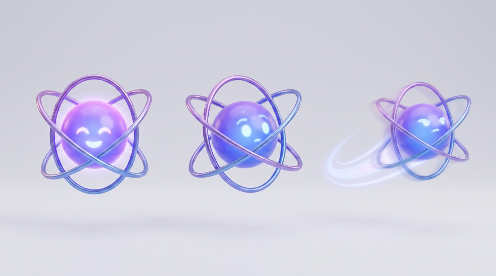 Three glossy atom mascots showing different expressions