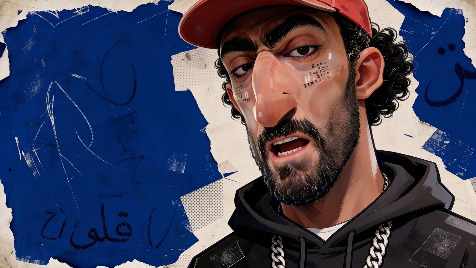Illustrated caricature over torn blue paper collage