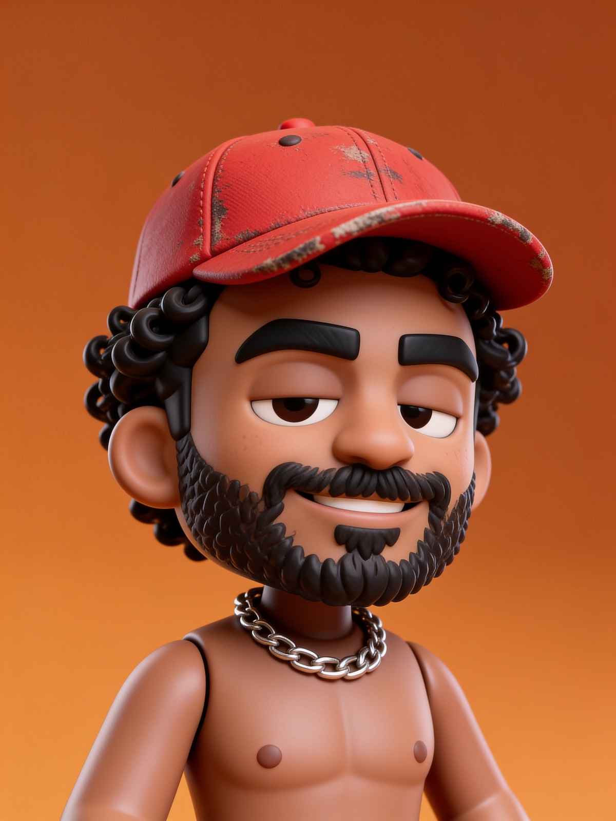 Vinyl toy character with a red cap and chain