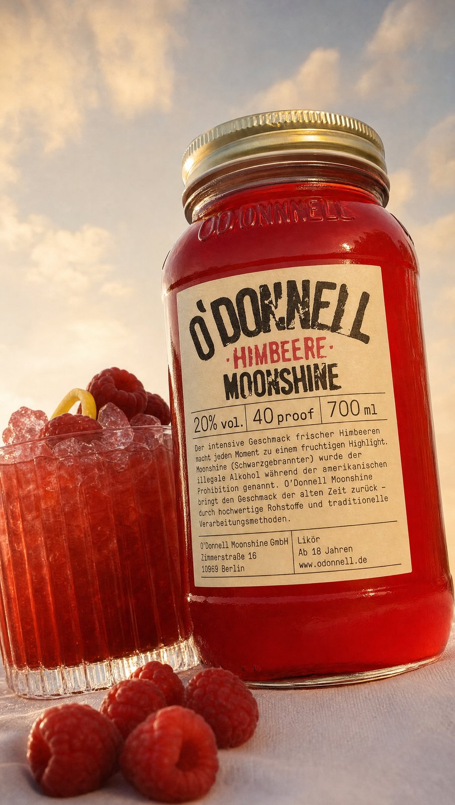 O'Donnell Moonshine Himbeere jar with raspberries