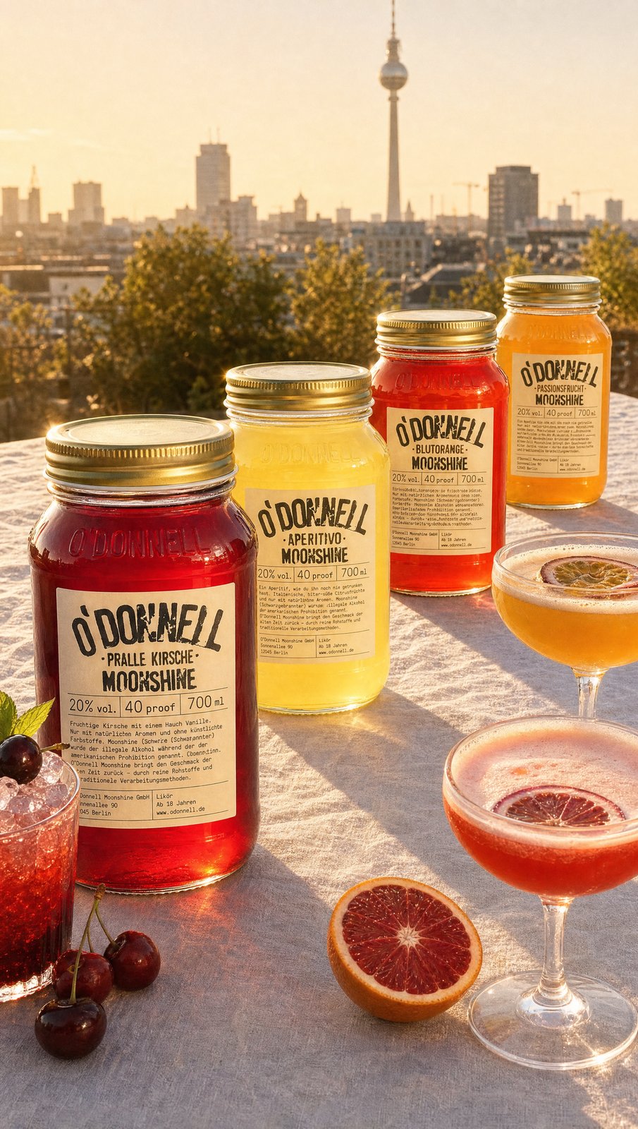 O'Donnell Moonshine jar lineup with citrus