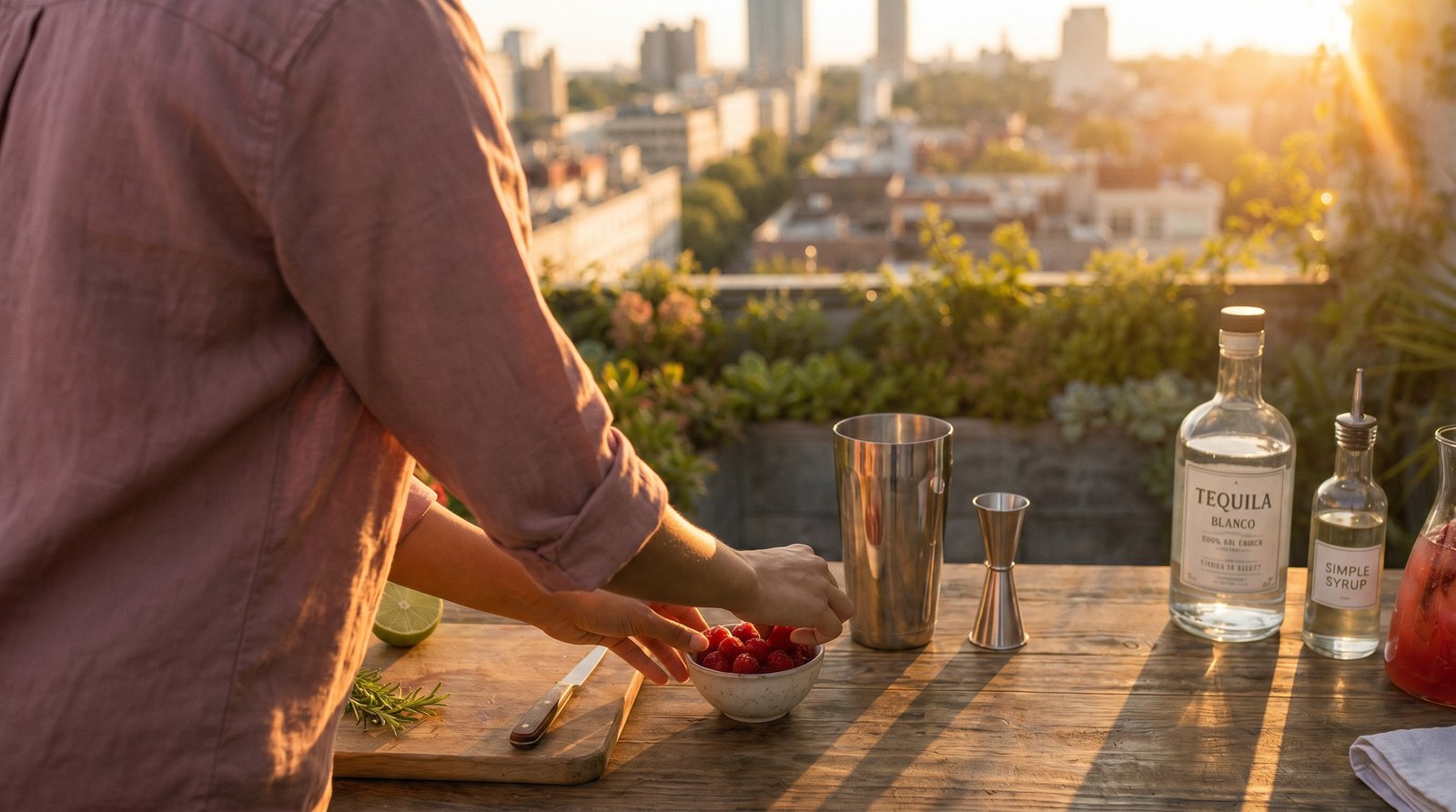 Preparing cocktails on a rooftop bar at golden hour