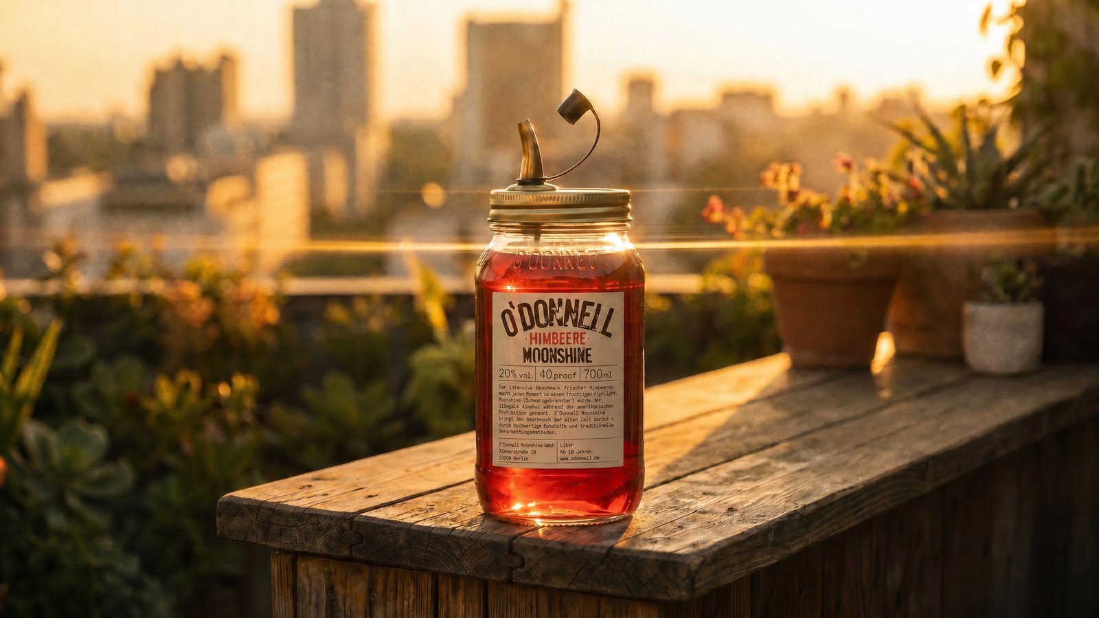 O'Donnell Moonshine jar on a rooftop table at golden hour