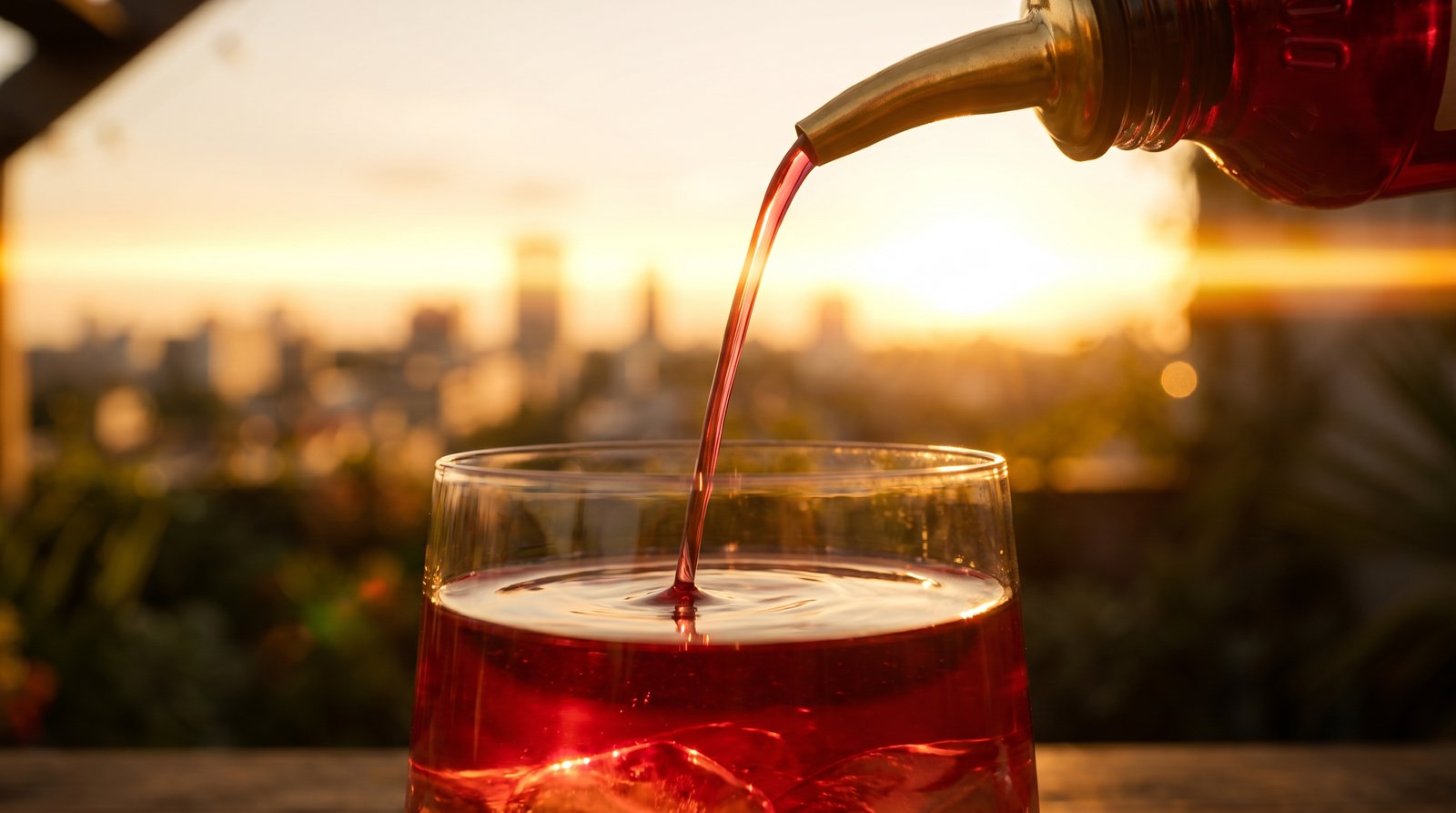 Raspberry moonshine poured into a glass at sunset