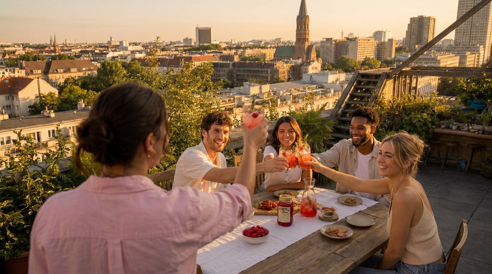 Friends toasting at a rooftop table